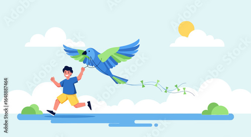 A cheerful boy is depicted running outside while happily flying a kite shaped like a colorful bird on a bright sunny day