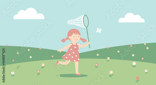A delightful illustration showcasing a girl chasing a butterfly with a net in nature scene