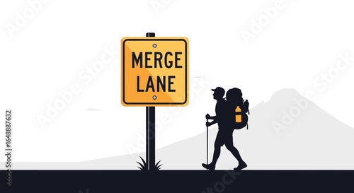 Adventure Bound Hiker Navigating Life's Transitions Near Merge Lane Direction Sign