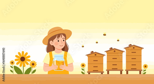 A delightful illustration of a young beekeeper with honey in a sunny landscape