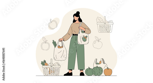 A delightful illustration showcasing a woman with eco-friendly shopping for groceries