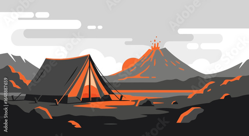 Adventure camping trip near volcano with tent and sunset beautiful landscape