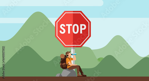 Adventure Halt Hiker Resting by Stop Sign Near Mountain Trail Journey