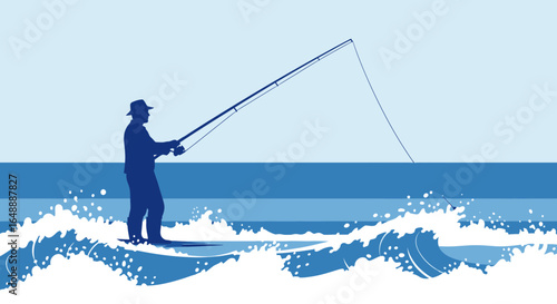 A Fisherman Silhouette Fishing With a Rod on the Sea With Waves