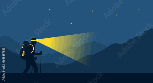 Adventure Hiker Silhouette Under Night Sky With Headlamp Trekking Journey