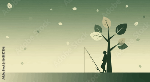 A Fisherman Silhouette Resting Under a Tree on a Calm Green Day Scene