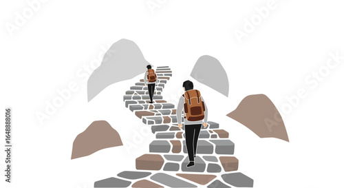 Adventure Seekers Climbing Stone Stairs in Mountainous Landscape Illustration