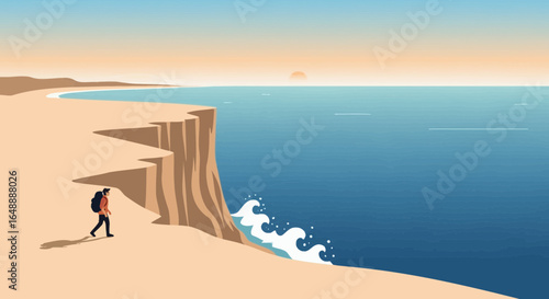 Adventure Seeker Walks Along Coastal Cliff Edge on a Sunny Day Minimalist Style