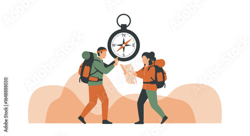 Adventure Seekers Navigating Wilderness Exploring Unknown With Compass And Map
