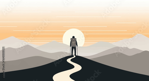 A Hiker Reaching Mountain Peak During Sunset With Dramatic Sky And Tranquil Scene