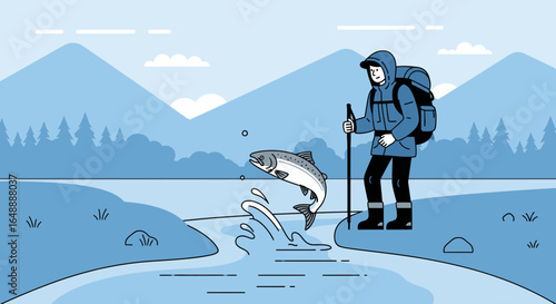 A Hiker Watches a Salmon Leap From a River Surrounded by a Mountainous Landscape