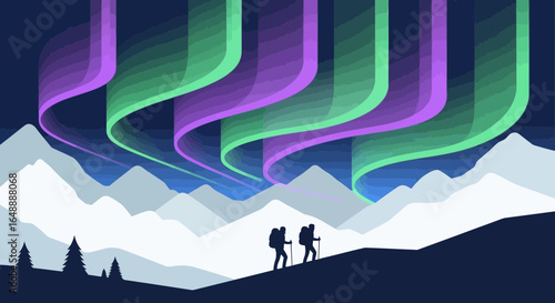 Adventure Seekers Under Aurora Borealis In A Minimalist Snowy Landscape