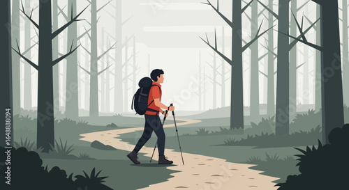 A lone hiker exploring a misty forest trail, a serene escape into nature and outdoor adventure embodying freedom and solitude in the wilderness