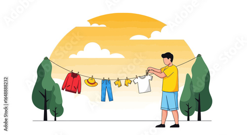 A Man Hanging Clothes Outside On Sunny Day In Flat Vector Style