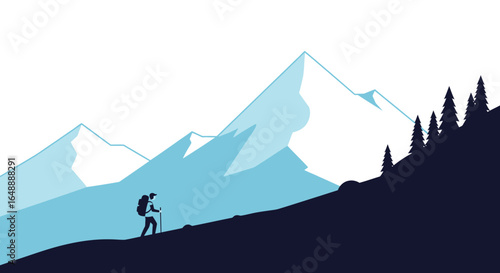 Adventurer Ascending Majestic Peaks Minimalist Landscape Vector Illustration