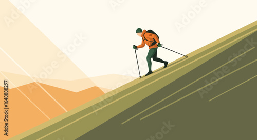 Adventurer Ascends a Steep Mountain Slope with Trekking Poles Under the Sunlight