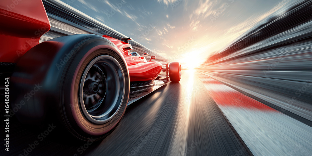 Obraz premium Rear wheel of a red Formula One racing car at competitive sports race F1