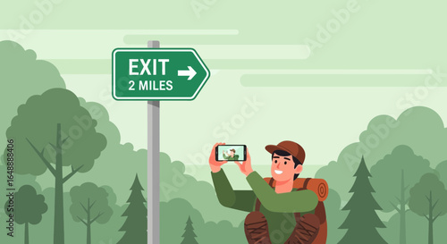 Adventurer Capturing Exit Signpost With Mobile Phone During Woodland Hiking Trail