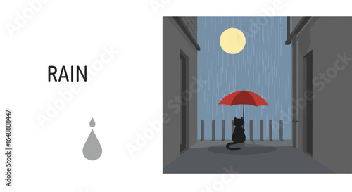 A Nighttime Alley Serenade: A Silhouette Cat Beneath An Umbrella In The Rain