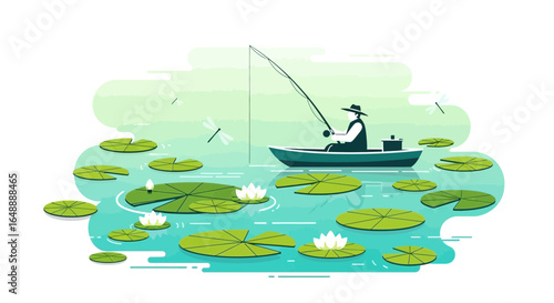 A Peaceful Day of Fishing in a Lily Pad Covered Pond Scene
