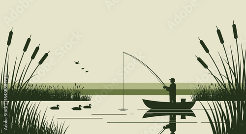 A Peaceful Outing Silhouette Fisherman Angling Serene Lake Landscape Scene