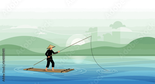 A peaceful scene of a fisherman on a bamboo raft casting his line into the tranquil waters with mountains