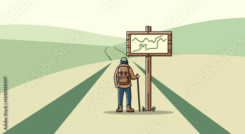 Adventurer Checking Map Signpost On Path Through Green Pastoral Landscape