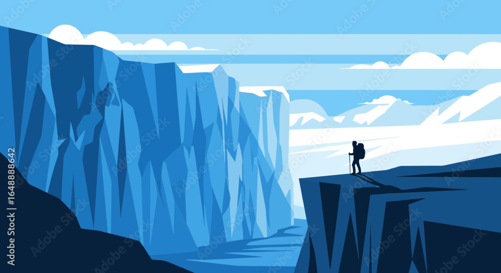 Obraz premium Adventurer Contemplates Ice Cliffs During Trek in Freezing Arctic Landscape