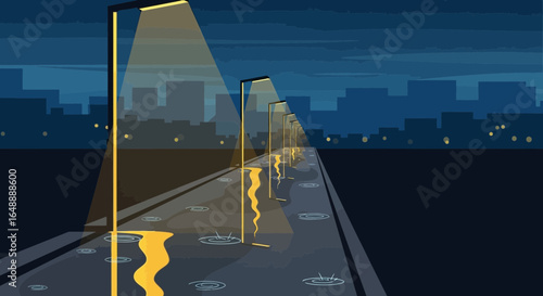 A Rainy Night in the City: Street Lights Reflecting on Wet Pavement Vector Illustration