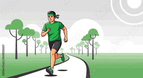 A runner in a stylized park setting promotes health and active lifestyle  inspiring outdoor fitness and wellness