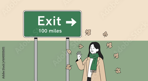 A Road Trip Journey Depicting Freedom And A Girl Standing By An Exit Sign