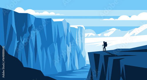 Adventurer Contemplates Ice Cliffs During Trek in Freezing Arctic Landscape