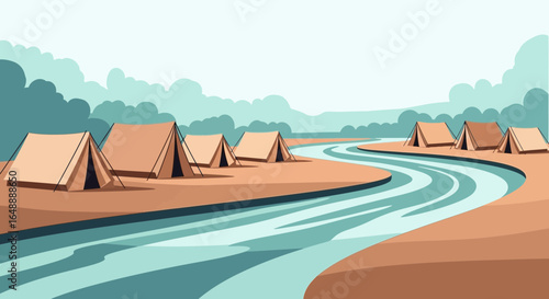 A scenic camping illustration featuring tents along a winding river bank with mountains