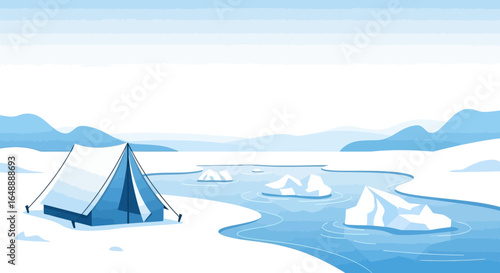 A serene arctic landscape showcasing a camping tent amidst icebergs and mountains