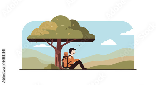 A serene hiker resting under a tree in nature, enjoying peaceful outdoor escape