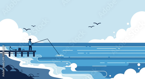 A serene illustration of a fisherman on a pier enjoying the calm ocean views and nature scene