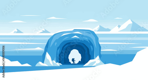 Adventurer Enters Ice Cave In Frozen Landscape Vector Illustration