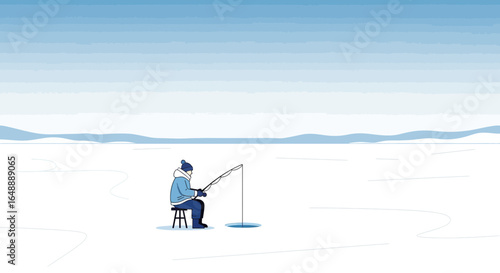 A serene winter landscape featuring ice fishing under a pale blue sky captures the quiet solitude of the sport