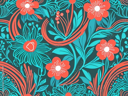 Vibrant Teal and Coral Floral Pattern Design