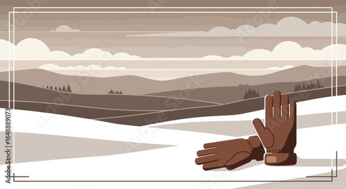 A serene winter landscape with gloves evokes warmth amidst the snowy hills scene
