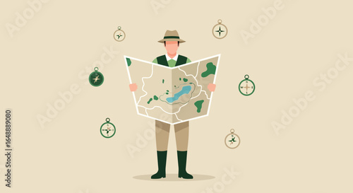 Adventurer Examining Map And Planning His Next Expedition In Wilderness Area
