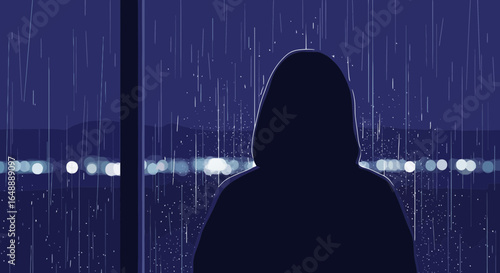 A solitary figure gazing at the rainy city skyline in melancholic contemplation