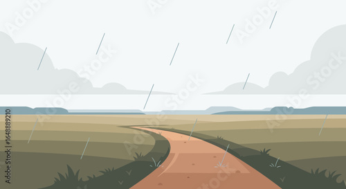 A Solitary Road Through Countryside Under a Muted Sky During a Rain Shower