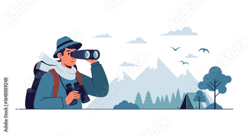 Adventurer Exploring Nature With Binoculars In Scenic Mountain Landscape