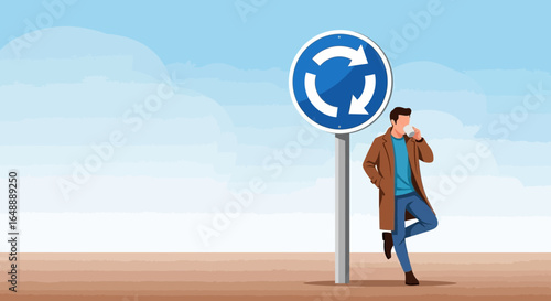 A Stylish Man Taking a Break by a Road Sign on a Clear Day
