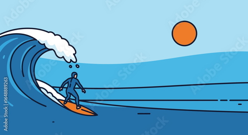 A Surfer Riding A Wave Underneath Bright Sun Cartoonish Line Art
