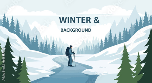 Adventurer Exploring Snowy Winter Landscape with Mountain Vista and Evergreen Forest