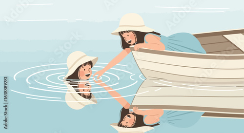 A Summer Escape Two Young Women Enjoying Boating And Swimming In Tranquil Waters
