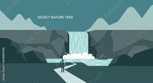 Adventurer Exploring Waterfall Scenery in Remote Natural Landscape Graphic Art