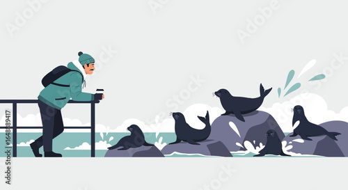 A tourist watching seals on rocks in winter scene at the coast in the winter landscape illustration scene